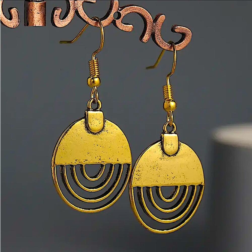 Vintage Gold Metal Geometry Circle Dangle Earrings fo… - Picture 2 of 6